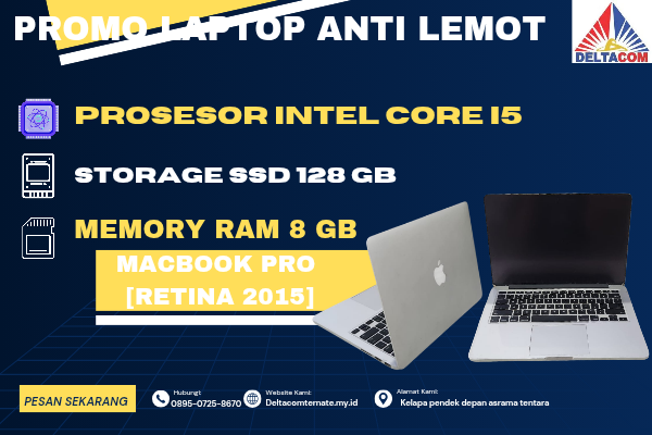 MACBOOK PRO RETINA 2015 , TYPE BARU BODY SLIM, PROSESOR INTEL CORE I5 MEMORY RAM 8 GB STORAGE SSD 128 GB DISPLAY 14 INCH MULUS , WARNAH SILVER, LECE